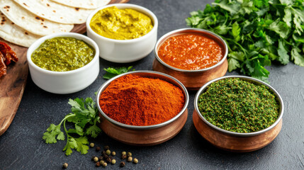 Zaatar Manakish with a Variety of Indian Dips and Curries, Overhead Shot of Fusion Food Experience