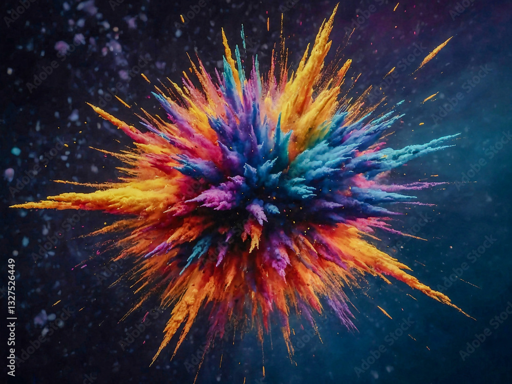 Poster explosion star with colorful particles on abstract background.