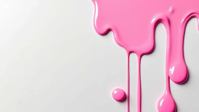 Liquid drops of pink paint color flowing on the white surface. Macro shot of pink paint dripping on the white wall with copy space 4k Video. generated with AI