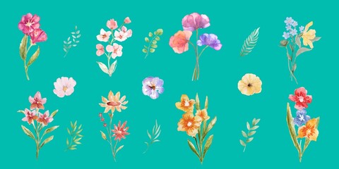 Cute Watercolor Flowers Background Banner Vector  For Design. Beautiful Blue Watercolor Flowers Cover Illustration. Botany Background