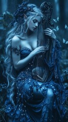 A mystical figure in a blue gown plays a harp in a serene forest, surrounded by butterflies, evoking a dreamlike, enchanting atmosphere.