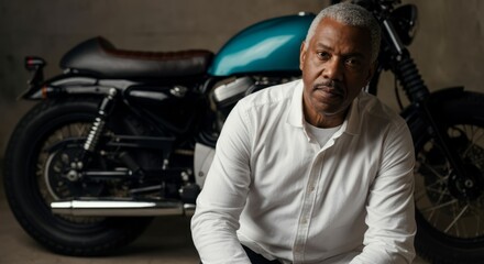 Obraz premium Mature african male posing with classic motorcycle in studio setting