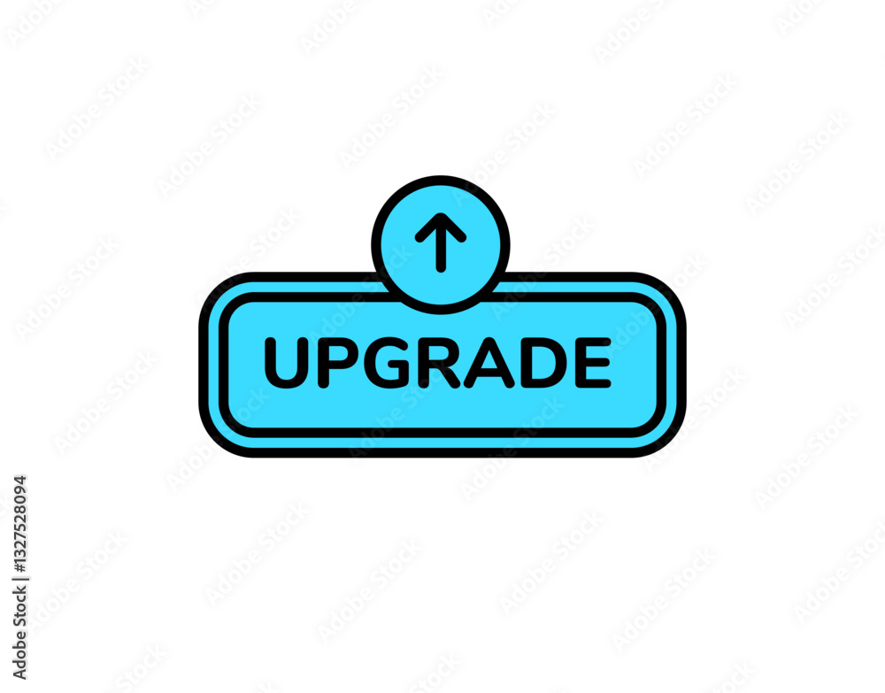 Poster blue upgrade button with up arrow indicating software enhancement or version improvement direction.