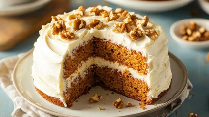 World baking day with homemade cake concept. Deliciously layered carrot cake with cream and walnuts on top.