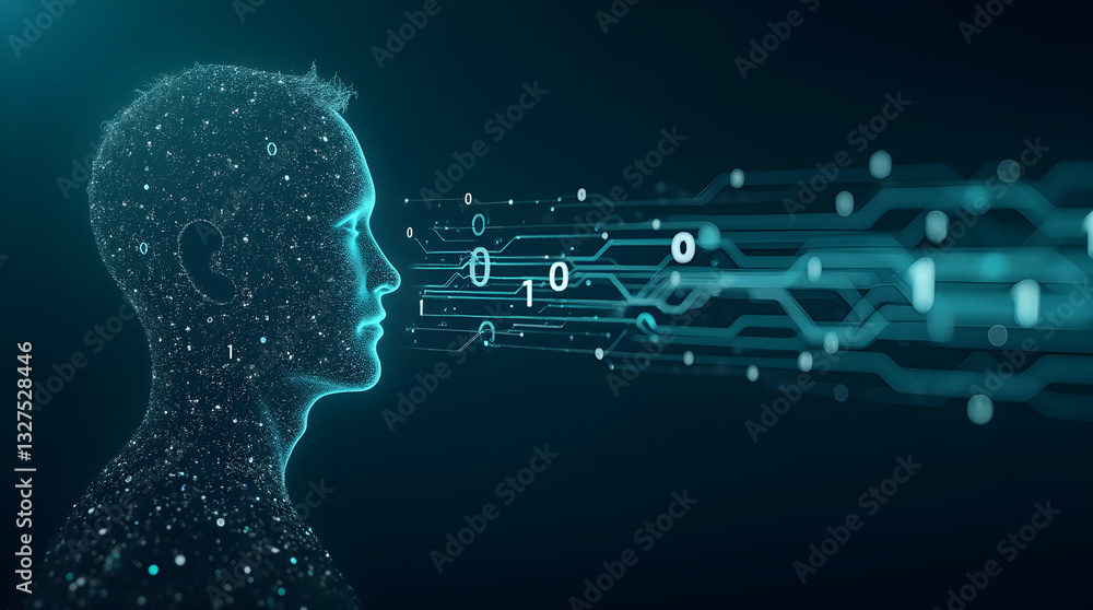 Aufkleber abstract glowing blue futuristic ai head digital binary data stream