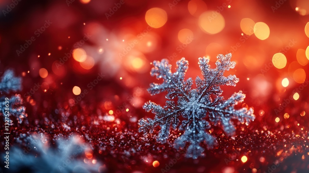 Aufkleber snowflake on sparkling red background with falling snow and bokeh