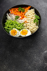 budda bowl noodles vegetables salad tasty fresh delicious gourmet food background table rustic food top view copy space keto and paleo diet vegetarian and vegan food