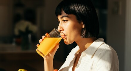 Young asian female drinking orange juice in bright kitchen setting