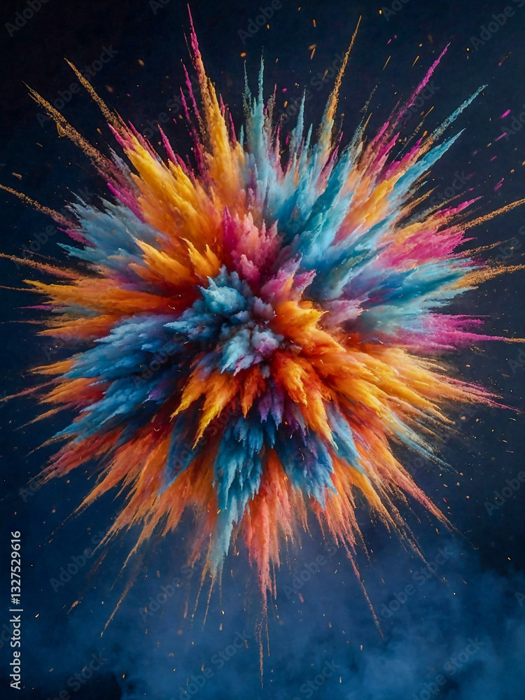 Poster explosion star with colorful particles on an abstract background.