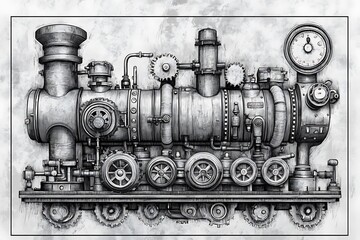 Steam rig with detailed gears lines and meters displaying industry art and build sketch carving AI-built raster image scratch board copy black white pic  
