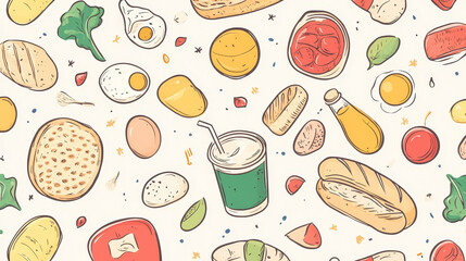 Breakfast healthy food meal icons seamless pattern background drinks flat design bread egg lunch healthy meat menu restaurant vector illustration.