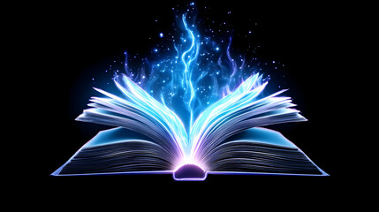 Open book with glowing, magical blue flames