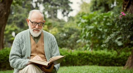 Elderly caucasian male reading book in peaceful outdoor garden setting