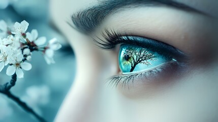 Close-up of a woman's eye reflecting a tree and blossoms.  Dreamy, ethereal mood