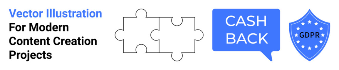 Puzzle pieces symbolizing integration, speech bubble with cashback text, and GDPR shield element. Ideal for finance, marketing, security, compliance, privacy, customer loyalty flat landing page