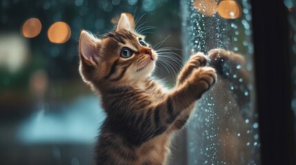 A Kitten Looking Out the Window on a Rainy Day
