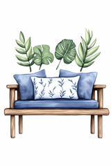 Fototapeta premium Outdoor wooden bench with tropical plants and blue cushions