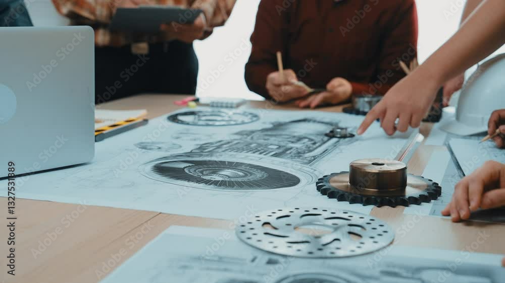 Poster a dynamic scene depicting engineers working together on machinery design. the table features detaile