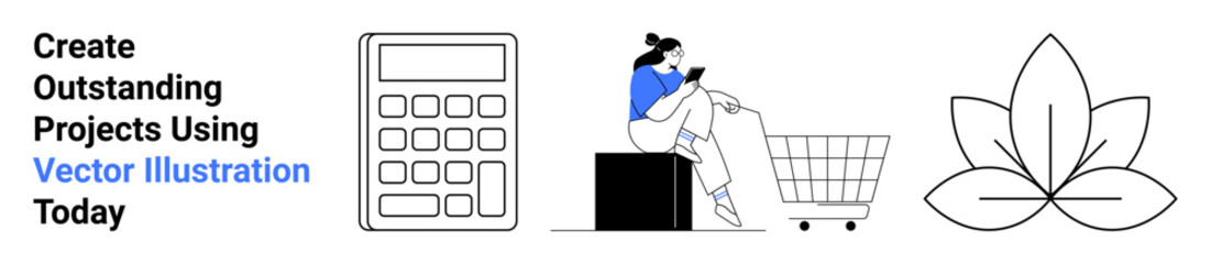 Calculator, seated woman browsing on phone near shopping cart, and lotus icon symbolize ease, technology, commerce, balance. Ideal for e-commerce, finance, tech shopping mindfulness minimalism