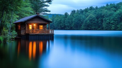 Fototapeta premium Charming Cabin by Lake at Dusk with Gentle Waves
