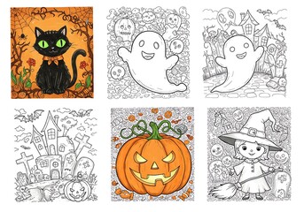 Fototapeta premium Halloween Coloring Pages Collection with Cat, Ghost, Pumpkin, and Witch