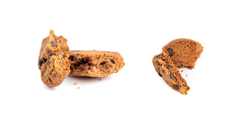 Chocolate chips cookies isolated, broken American biscuits, cocoa cake, sweet morsels bakery