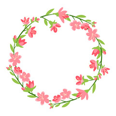 Elegant floral wreath made of pink cherry blossoms and green leaves, forming a delicate circular frame, perfect for invitations, greeting cards, and seasonal decorations