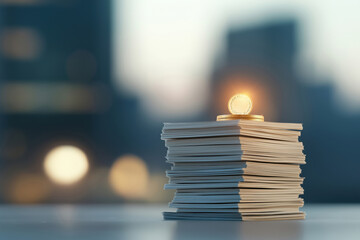Stacked cash with a glowing coin highlighting financial success in a cityscape