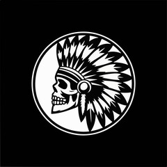 A black and white vector illustration of a grunge style Indian headdress skull. The skull is placed in the center of a circle on a solid
background