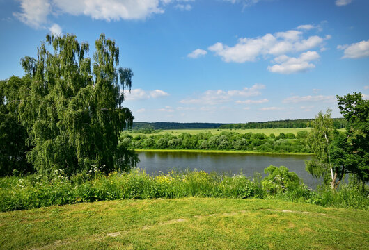 Tarusa, Kaluga Region. Green landscape of the high bank of the Oka River with a flowering meadow in the foreground.
