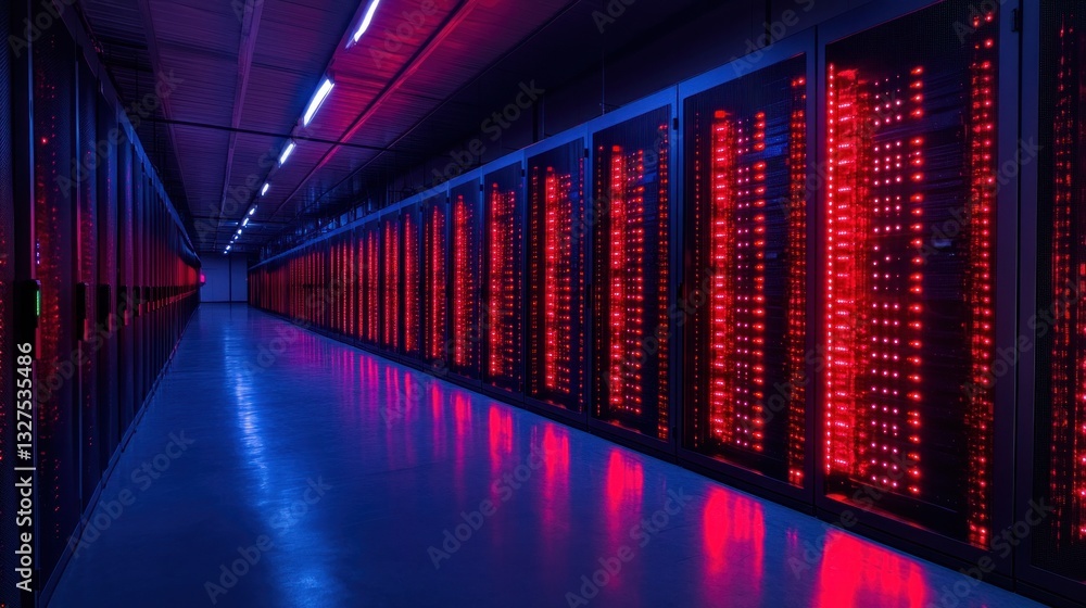 Poster server room corridor with glowing red servers, data processing