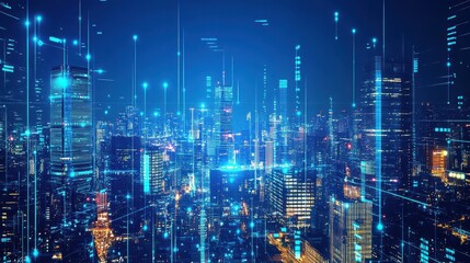 Futuristic Cityscape Depicting Complex Digital Communication Networks Displayed