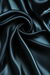 Fototapeta premium Close-up of shiny black satin fabric with swirling folds and glossy texture. Luxurious and dramatic textile ideal for fashion design, elegant mockups, dark-themed backgrounds or evening aesthetics.