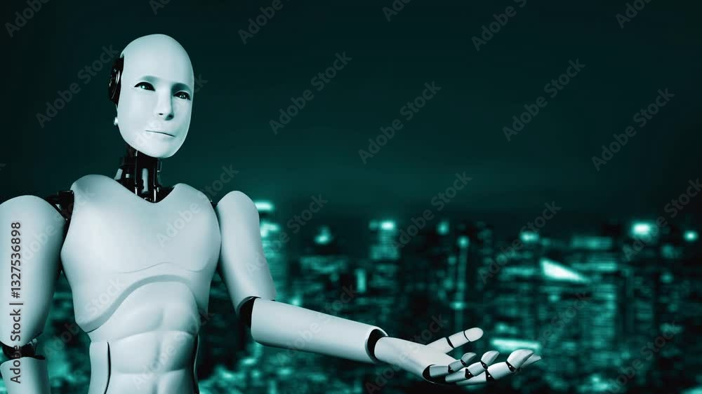 Poster ai robot huminoid uses cloud computing technology to store data on online server . futuristic concep