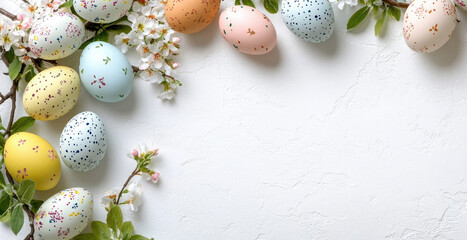 Obraz premium Easter banner with colorful eggs and flowering branches on a white background. Copy space. Top view. Flat Lay. Mock up
