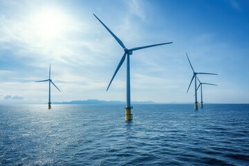 Wind Turbines in an Open Sea Environment Under Bright Blue Sky and Soft White Clouds