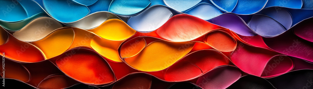 Poster colorful abstract curved paper layers resembling stained glass patterns with vibrant multicolored hu