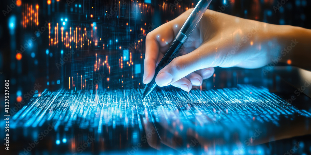 Aufkleber hand using digital pen on tablet with futuristic holographic data interface in technology concept