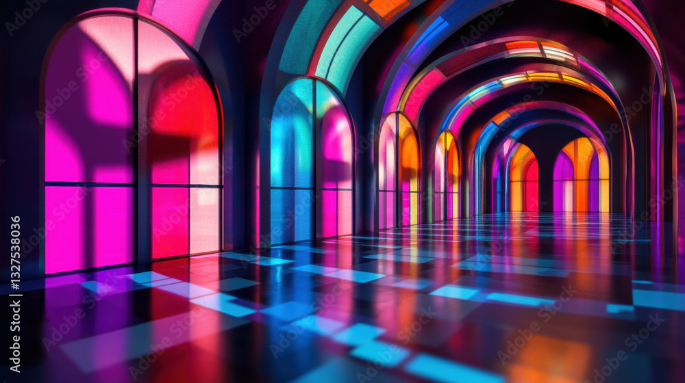 Poster vibrant abstract background with stained glass arches and illuminated patterns