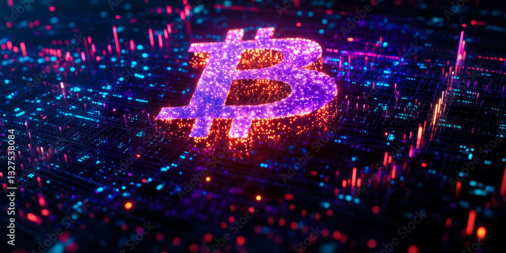 Poster futuristic 3d bitcoin symbol composed of digital particles with neon lights on dark background repre