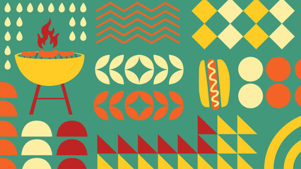 A vibrant BBQ themed  background with geometric elements, grill, sausages, and decorative shapes. Perfect for summer designs, food related projects, and retro inspired backgrounds.