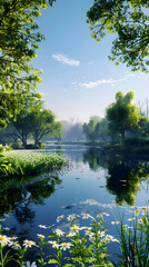Serene Lake with Lush Greenery and Reflective Waters in a Tranquil Natural Setting