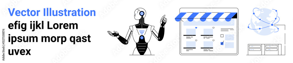 Poster futuristic robot gesturing image of online storefront interface and digital data network connectivit