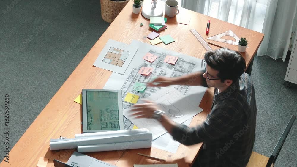 Aufkleber top view of smart civil engineer working and writing blueprint while sitting at meeting table with b
