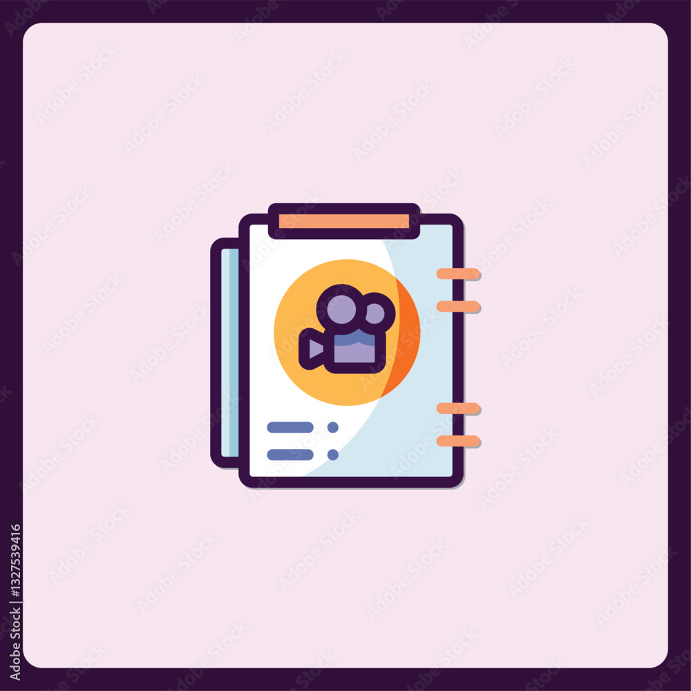 Poster stylized icon showcasing filmmaking or movie creation process with clipboard