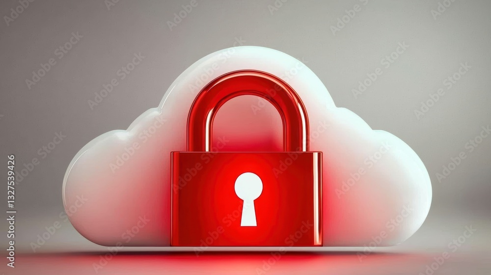 Poster futuristic digital cloud security concept, glowing red open padlock hovering over a virtual cloud, s