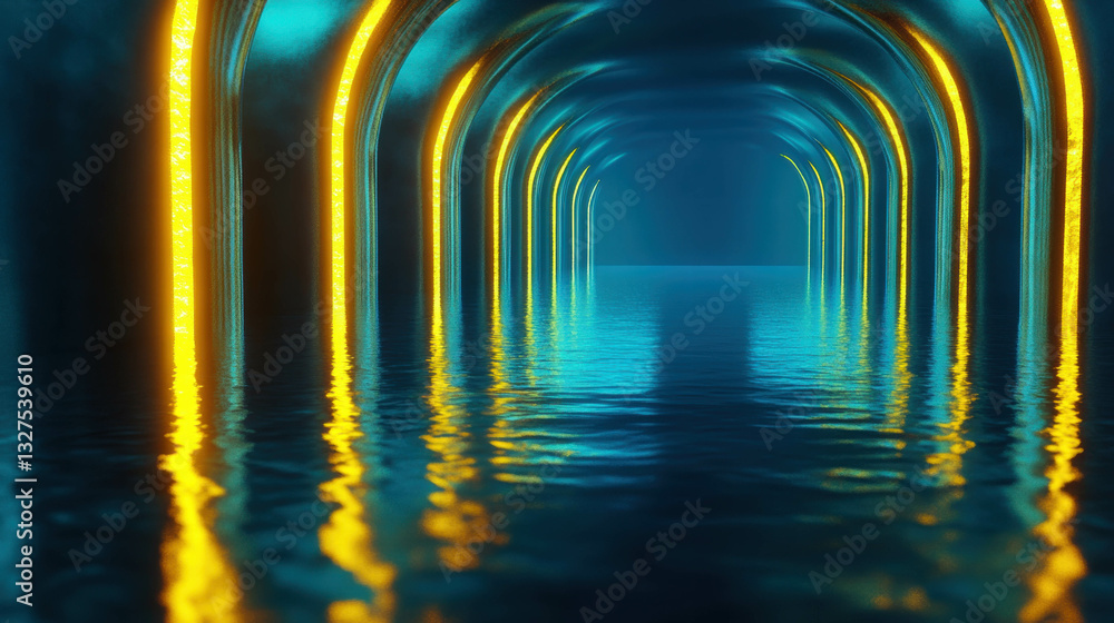 Poster abstract liquid arches with illuminated reflection in a surreal tunnel