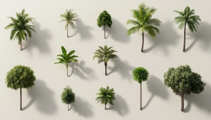 Diverse collection of detailed 3D trees, showcasing different shapes, trunk textures, and leaf densities for architectural renderings