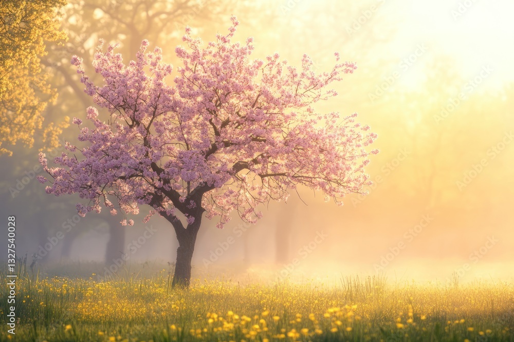Poster serene blossom tree in misty meadow at dawn with soft golden light filtering through trees