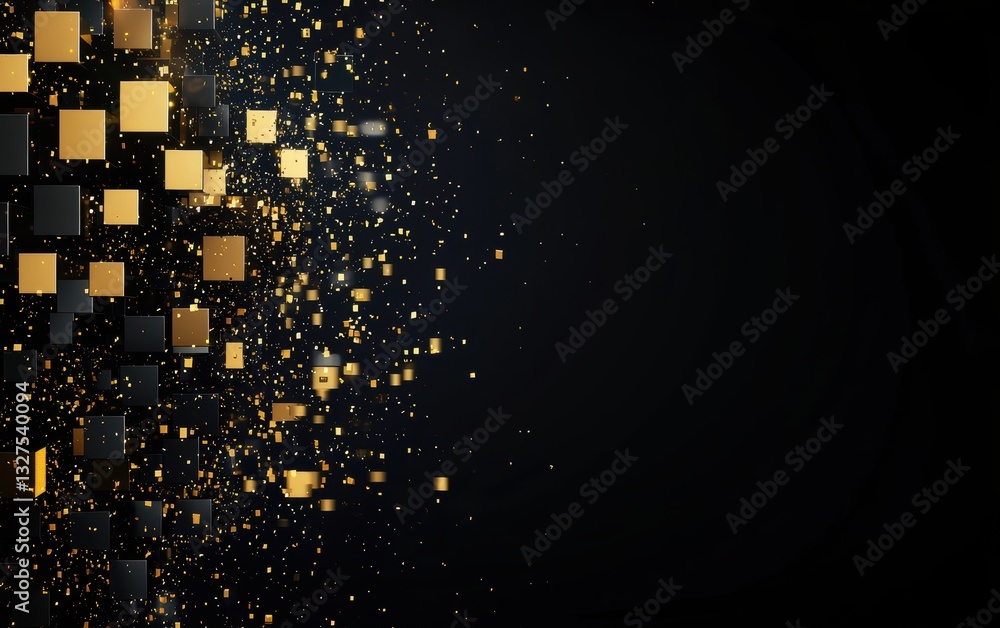 Poster luxury abstract geometric design, a disassembled cube with metallic and matte elements, creating dep